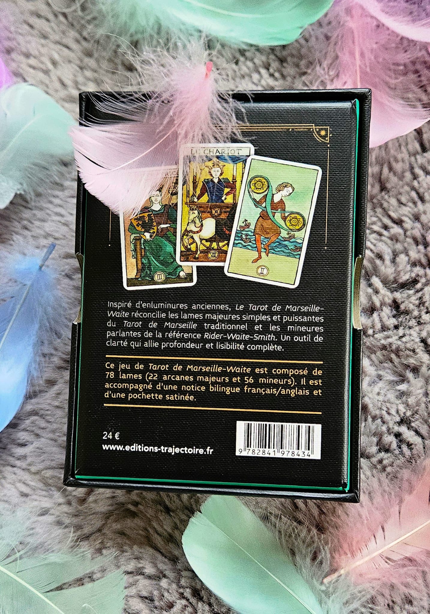 Dos du coffret Tarot de Marseille-Waite montrant la présentation du jeu, les 78 cartes et les informations du produit.